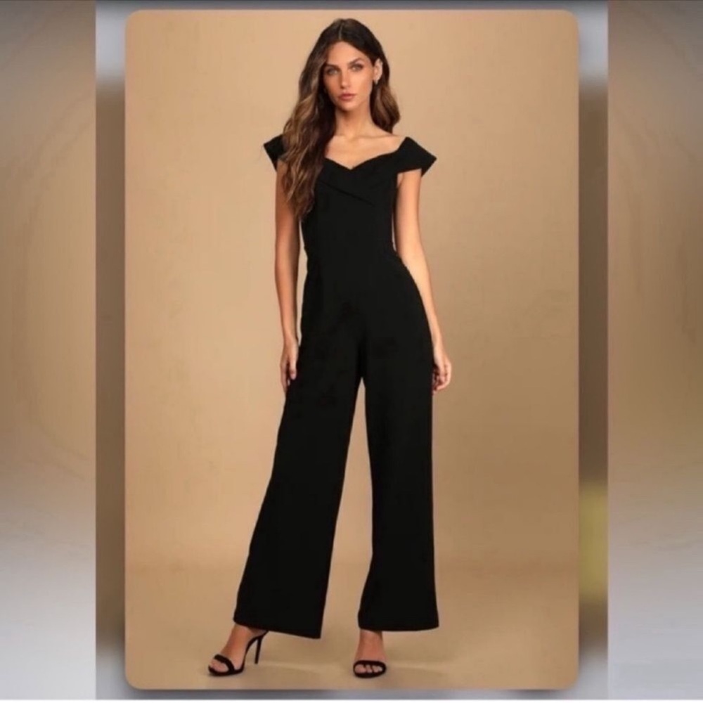 NWT Lulus Love Me Tomorrow Large Black Off-the-Shoulder Wide Leg Jumpsuit
